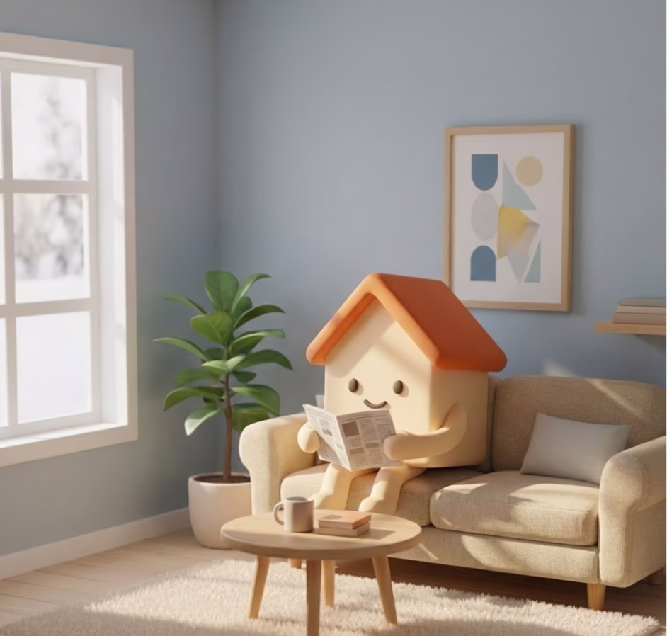 Bobbo, das Hausmaskottchen von Bofrid, liest eine Zeitung auf einem Sofa in einem sonnigen Wohnzimmer